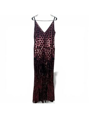 VIJIV 1920s Art Deco Sequin Mermaid Gown XL Crimson Red V-Neck Slit prom